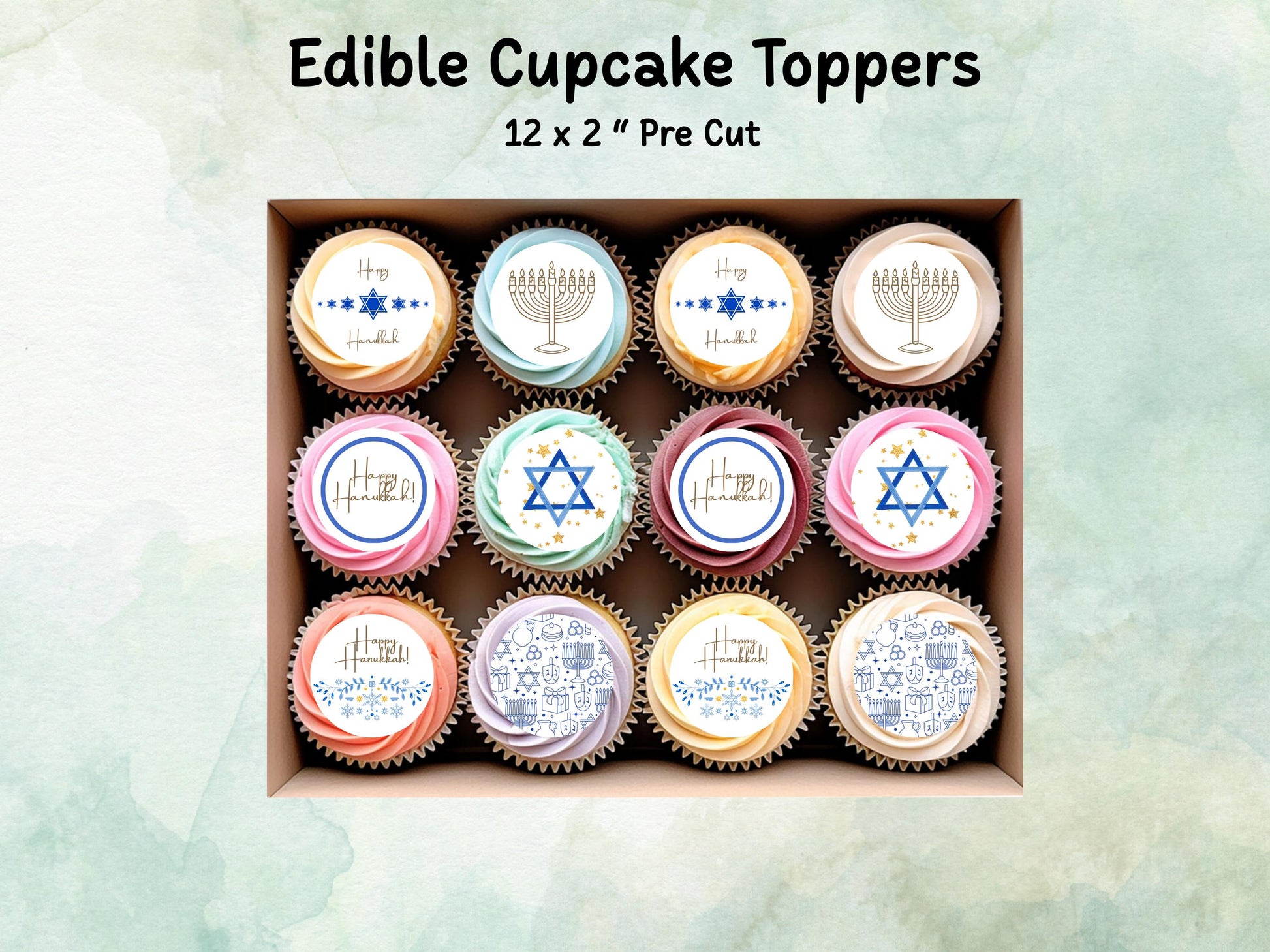 Happy Hanukkah Edible Cupcake Toppers 12 x 2" – Pre cut Wafer Paper, Card or Icing Sheet, Hanukkah Cake Decorations