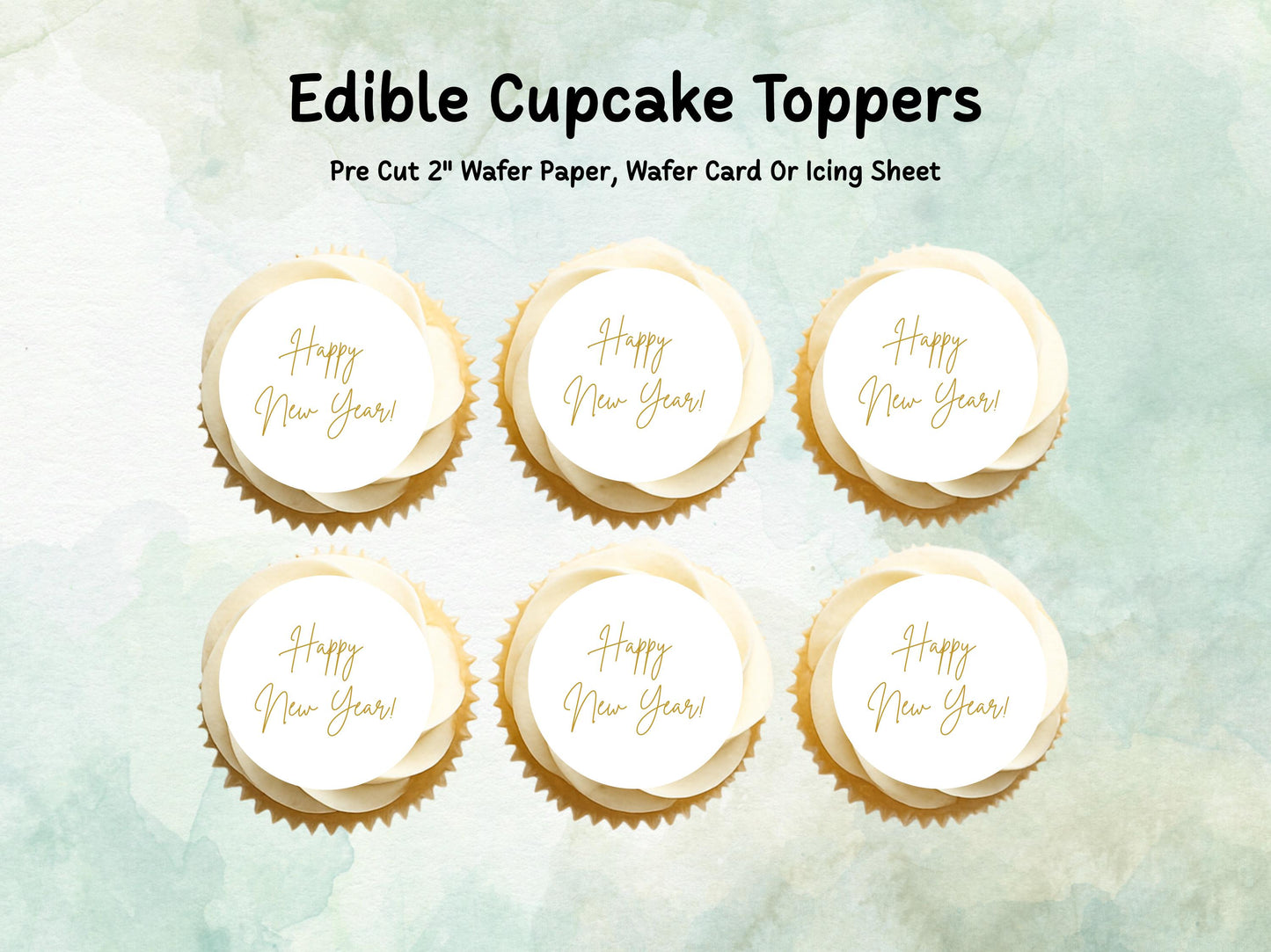 Happy New Year Edible Cupcake Toppers 12 x 2"– Pre cut Wafer Paper, Card or Icing Sheet
