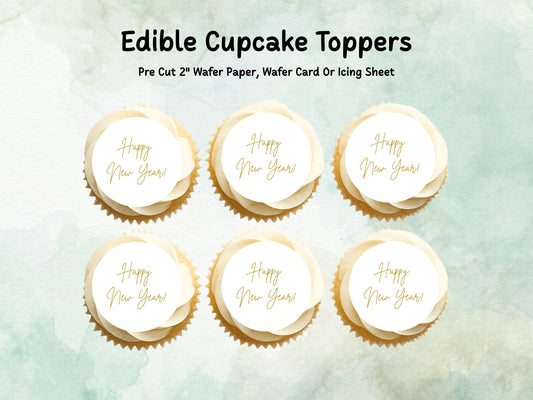 Happy New Year Edible Cupcake Toppers 12 x 2"– Pre cut Wafer Paper, Card or Icing Sheet