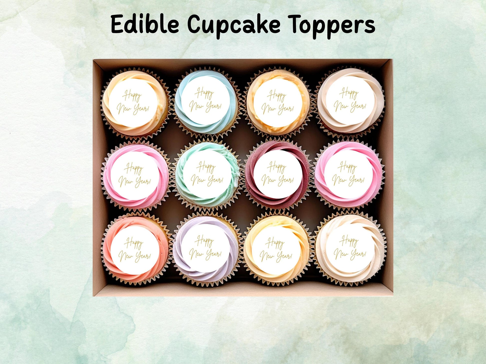 Happy New Year Edible Cupcake Toppers 12 x 2"– Pre cut Wafer Paper, Card or Icing Sheet