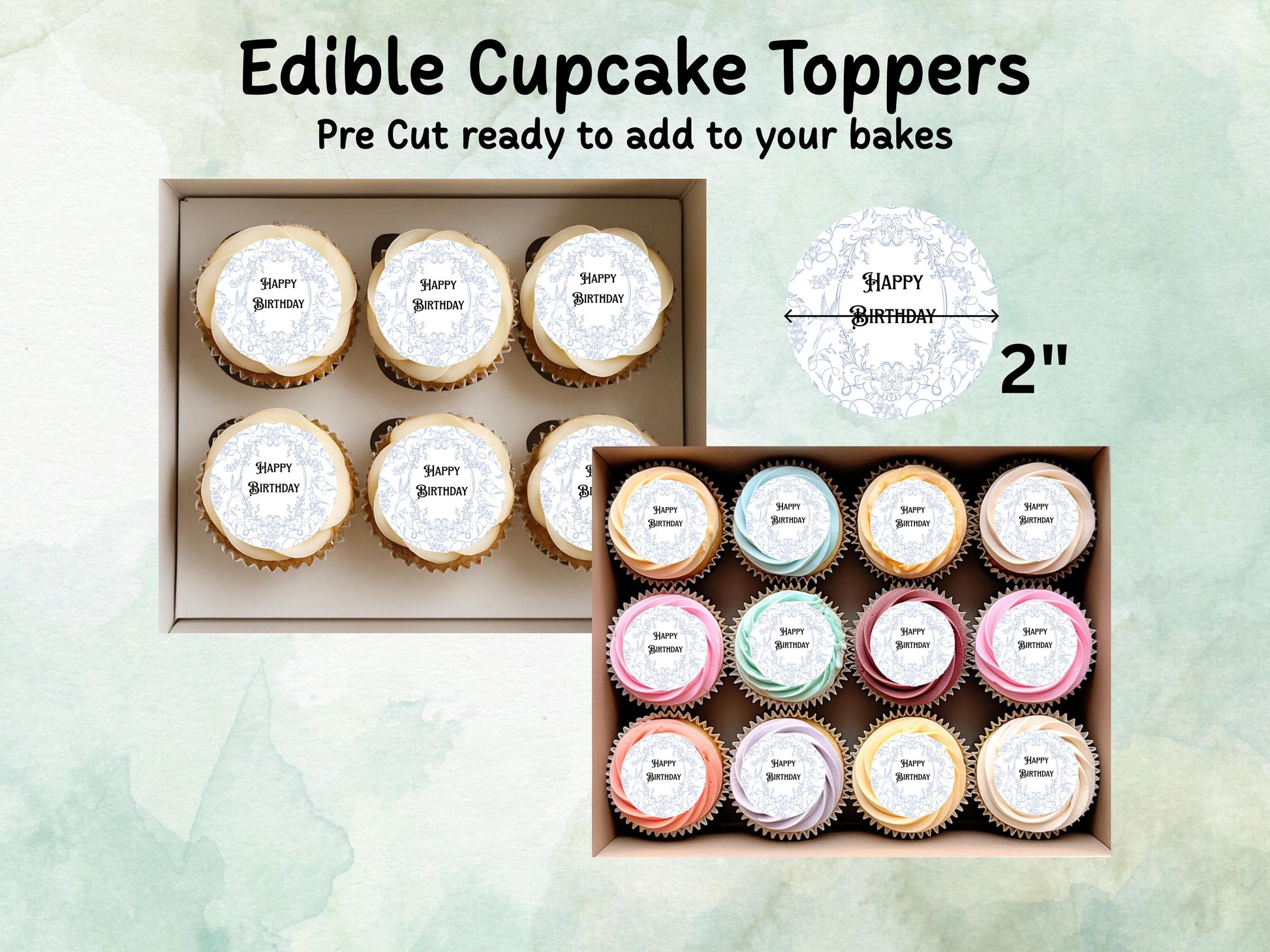 Happy Birthday Edible Cupcake Toppers 12 x 2" Pre cut Wafer Paper, Card or Icing Sheet