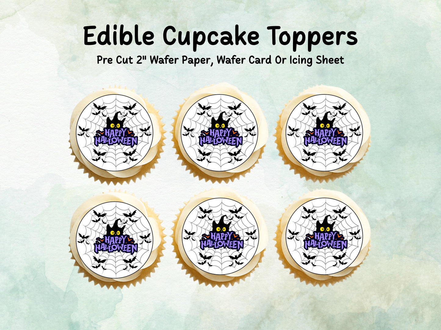 Spooky Happy Halloween Edible Cupcake Toppers 12 x 2" – Pre cut Wafer Paper, Card or Icing Sheet, Halloween Party Decoration