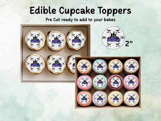 Spooky Happy Halloween Edible Cupcake Toppers 12 x 2" – Pre cut Wafer Paper, Card or Icing Sheet, Halloween Party Decoration