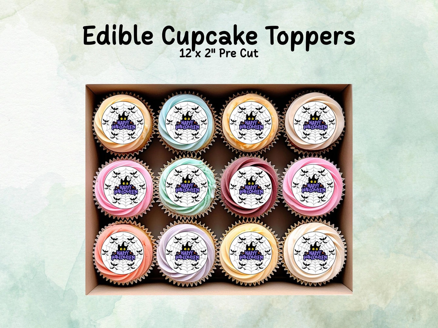 Spooky Happy Halloween Edible Cupcake Toppers 12 x 2" – Pre cut Wafer Paper, Card or Icing Sheet, Halloween Party Decoration