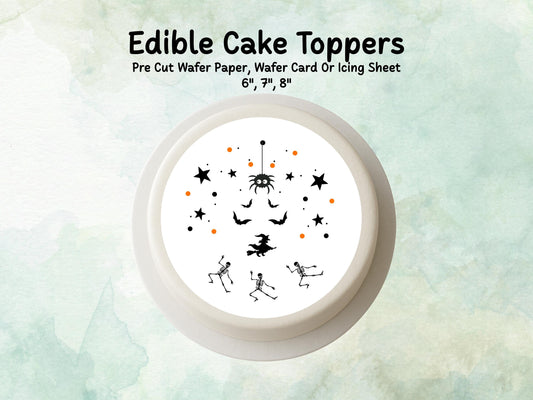 Spooky Halloween Design Cake Topper: 6", 7" & 8" Pre Cut Edible Wafer, Card, or Icing Sheet