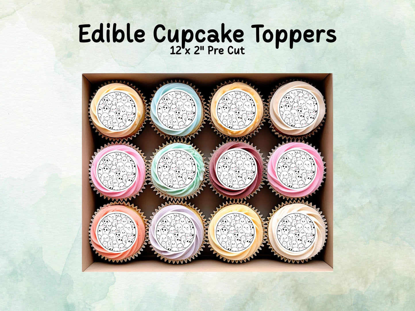 Halloween Ghost Edible Cupcake Toppers 12 x 2" – Pre cut Wafer Paper, Card or Icing Sheet, Halloween Party Decoration