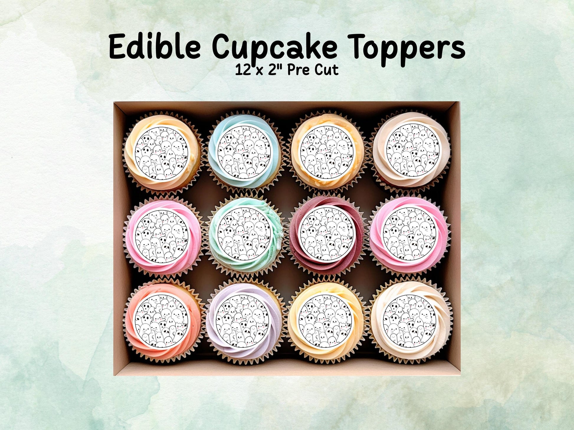 Halloween Ghost Edible Cupcake Toppers 12 x 2" – Pre cut Wafer Paper, Card or Icing Sheet, Halloween Party Decoration