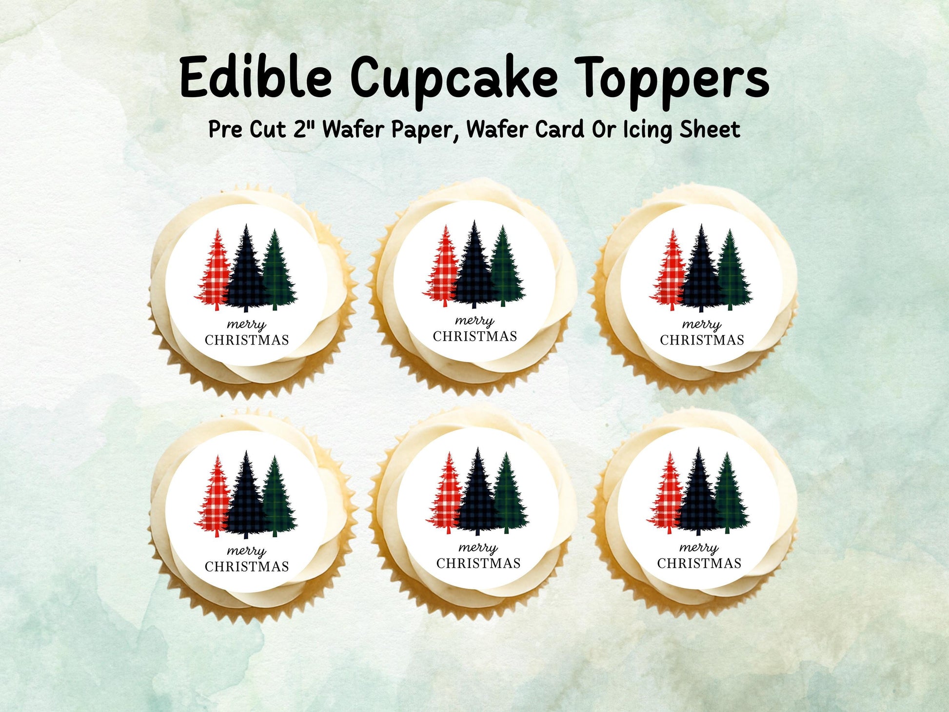 Merry Christmas Edible Cupcake Toppers: 12 x 2" Wafer Paper, Card, or Icing Sheet