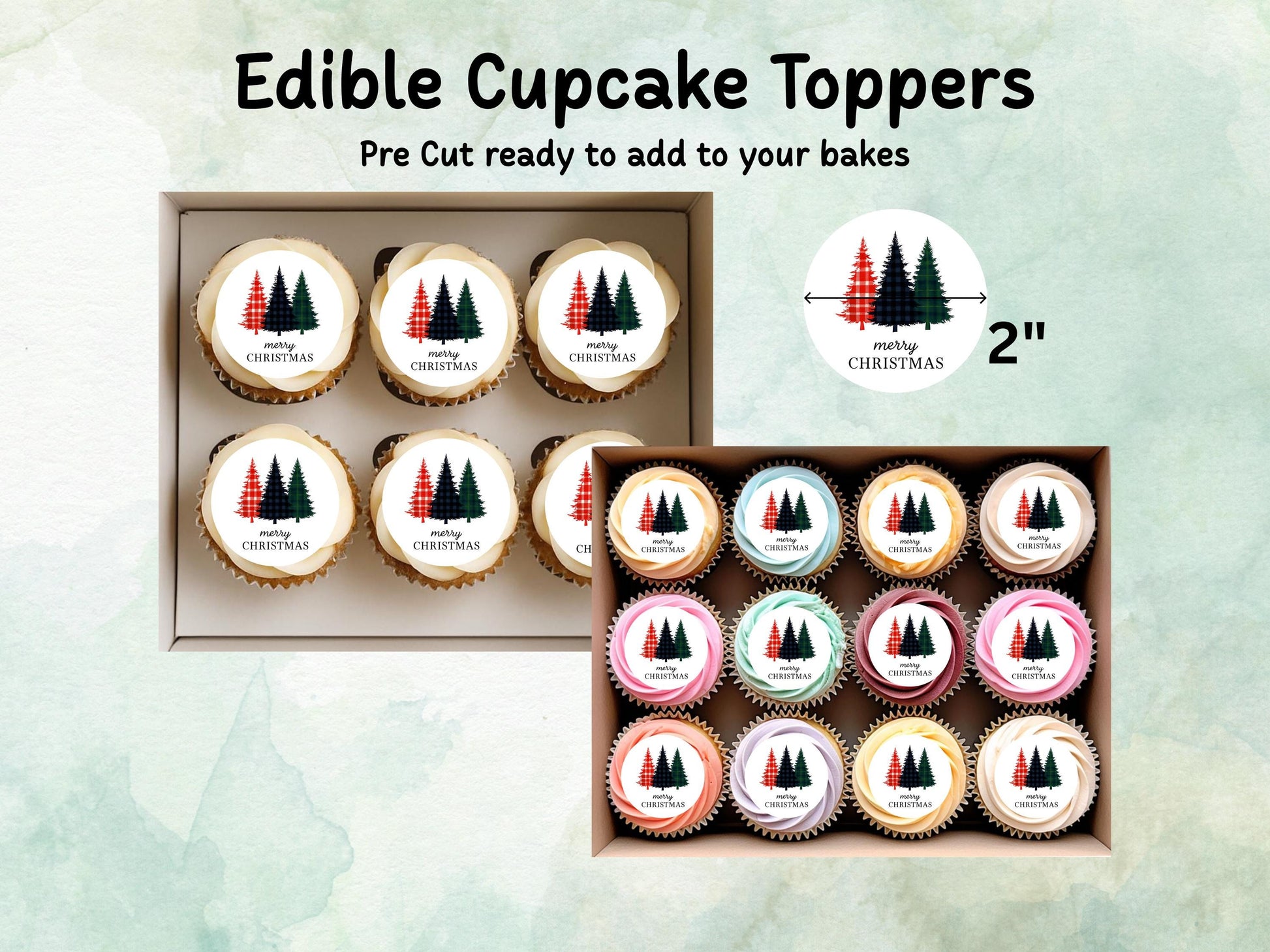 Merry Christmas Edible Cupcake Toppers: 12 x 2" Wafer Paper, Card, or Icing Sheet