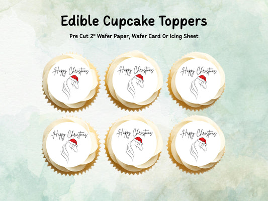 Happy Christmas Horse Design Edible Cupcake Toppers 12 x 2" Wafer Paper, Card, or Icing Sheet
