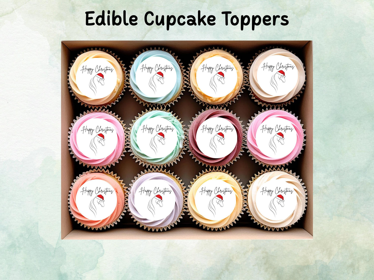 Happy Christmas Horse Design Edible Cupcake Toppers 12 x 2" Wafer Paper, Card, or Icing Sheet