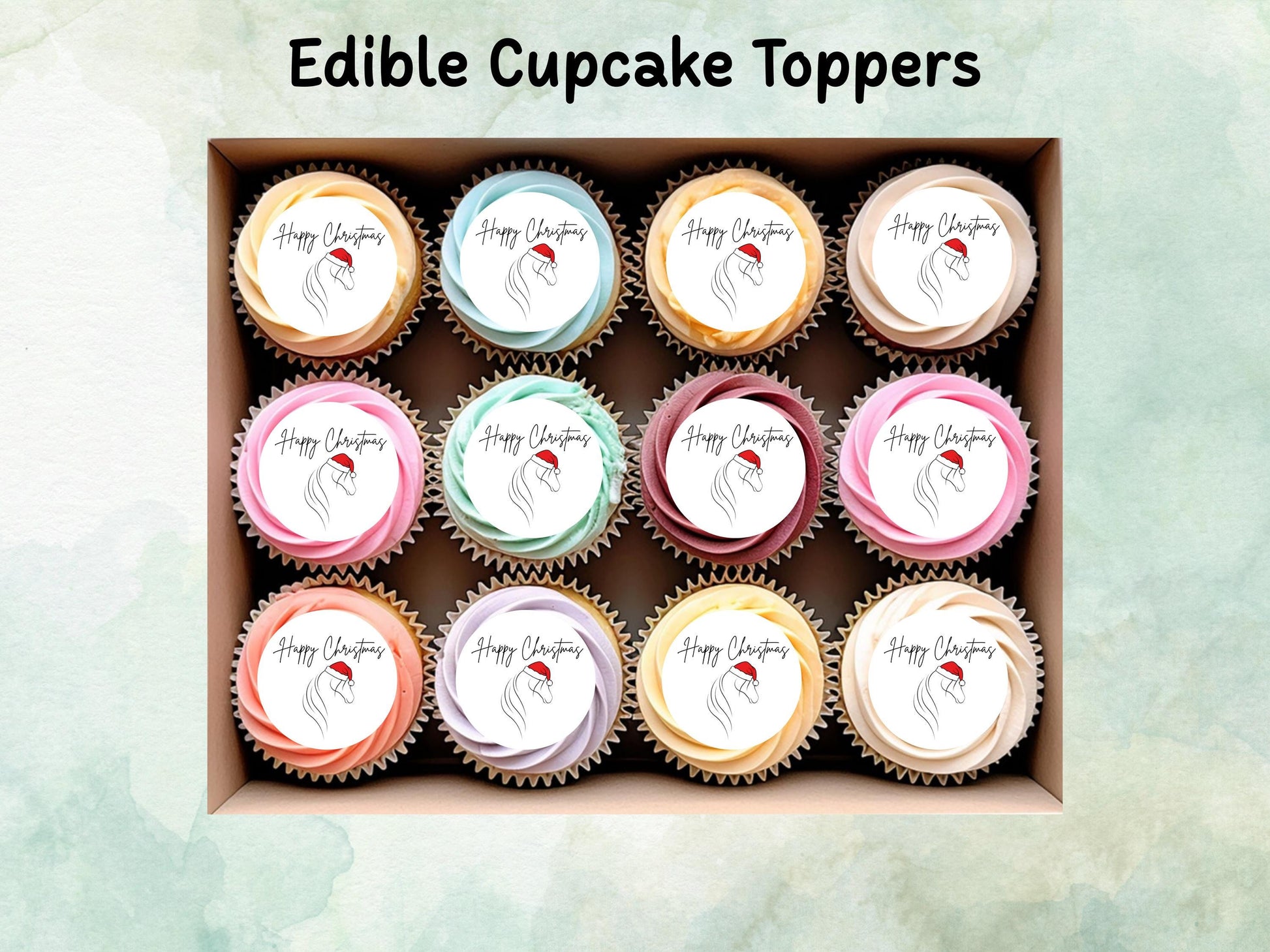 Happy Christmas Horse Design Edible Cupcake Toppers 12 x 2" Wafer Paper, Card, or Icing Sheet