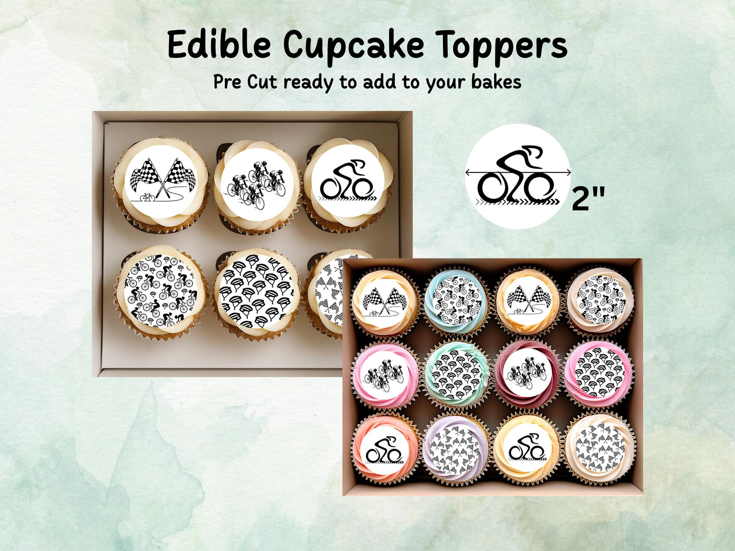 Cyclist Edible Cupcake Toppers 12 x 2" – Pre cut Wafer Paper, Card or Icing Sheet, Sports Party Decoration, Cake images