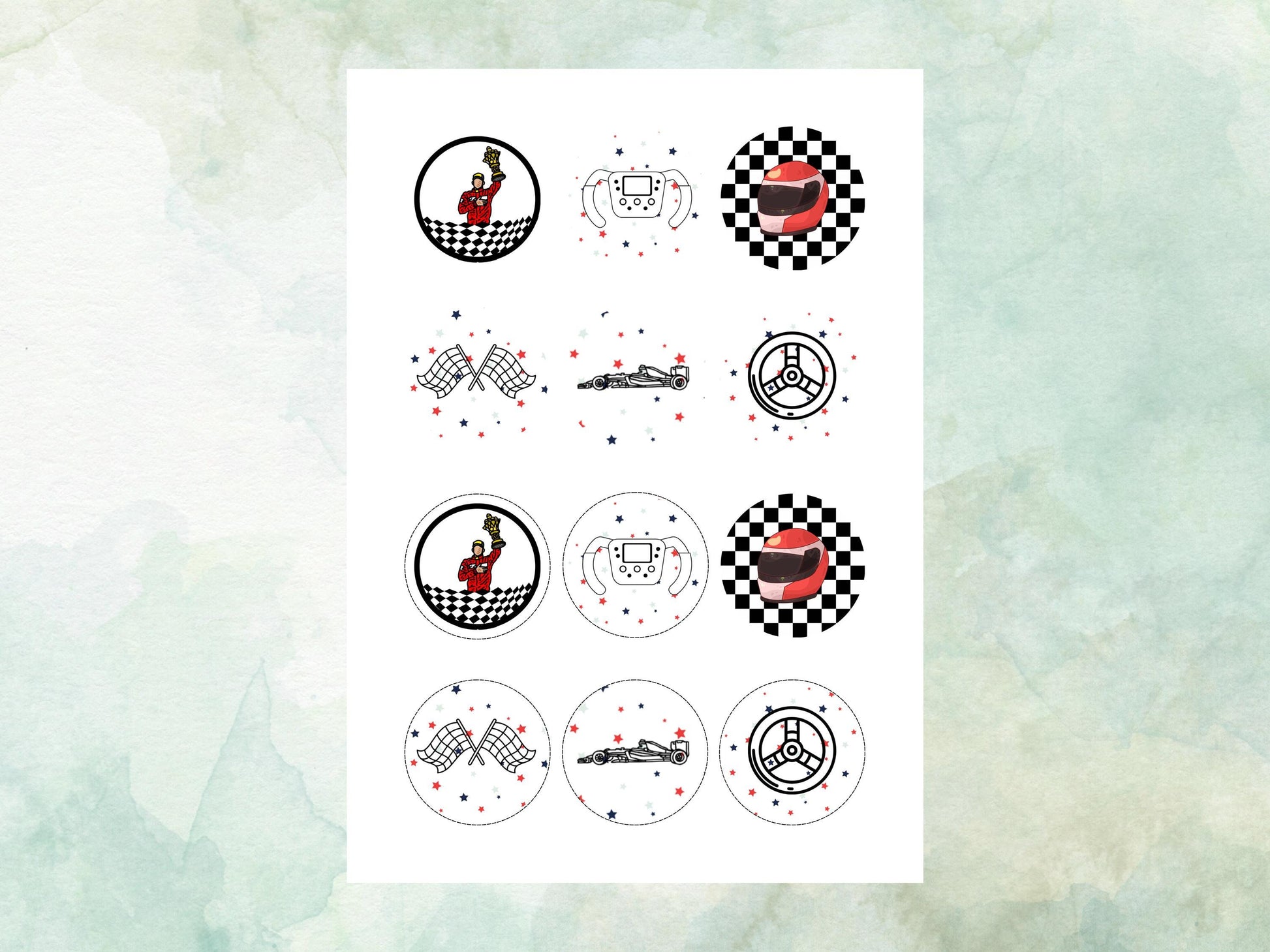 Racing Car Edible Cupcake Toppers 12 x 2" – Pre cut Wafer Paper, Card or Icing Sheet, Sports Party Decoration, Cake images