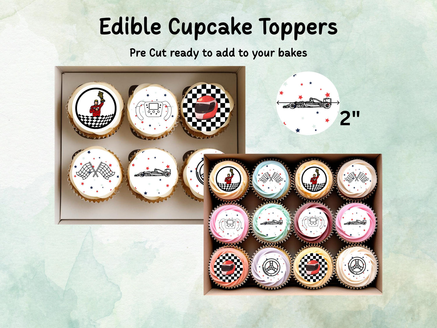 Racing Car Edible Cupcake Toppers 12 x 2" – Pre cut Wafer Paper, Card or Icing Sheet, Sports Party Decoration, Cake images