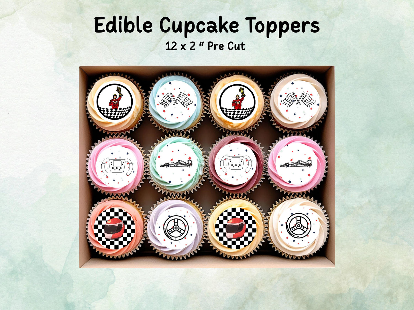 Racing Car Edible Cupcake Toppers 12 x 2" – Pre cut Wafer Paper, Card or Icing Sheet, Sports Party Decoration, Cake images