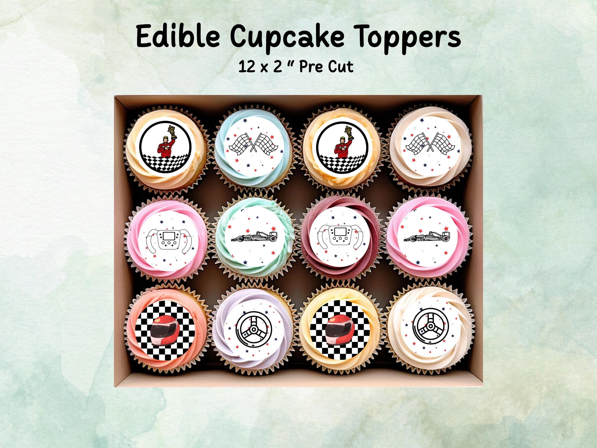 Racing Car Edible Cupcake Toppers 12 x 2" – Pre cut Wafer Paper, Card or Icing Sheet, Sports Party Decoration, Cake images
