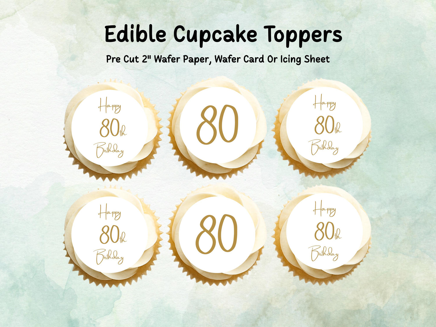 Happy 80th Birthday Edible Cupcake Toppers 12 x 2"– Pre cut Wafer Paper, Card or Icing Sheet