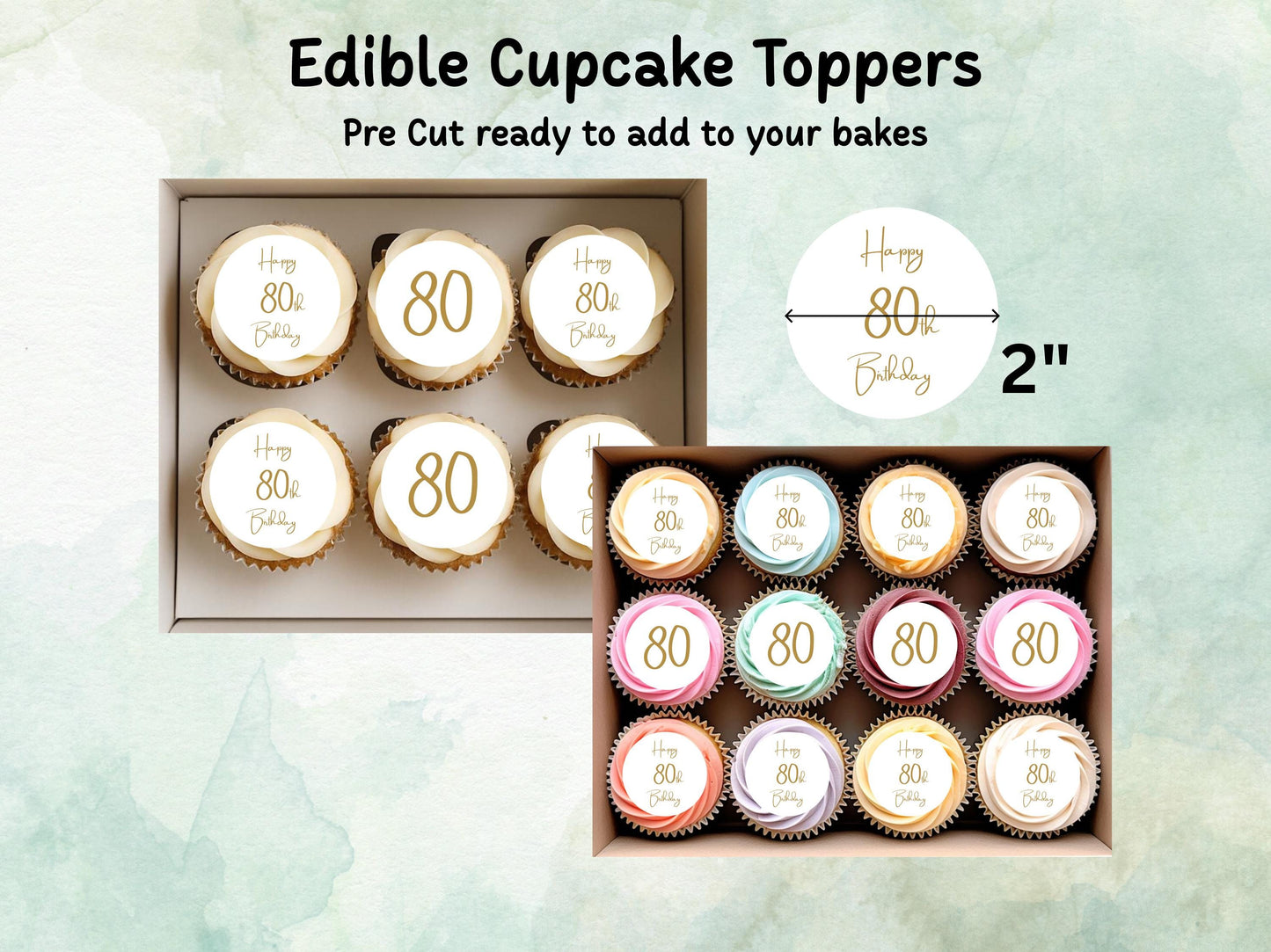 Happy 80th Birthday Edible Cupcake Toppers 12 x 2"– Pre cut Wafer Paper, Card or Icing Sheet