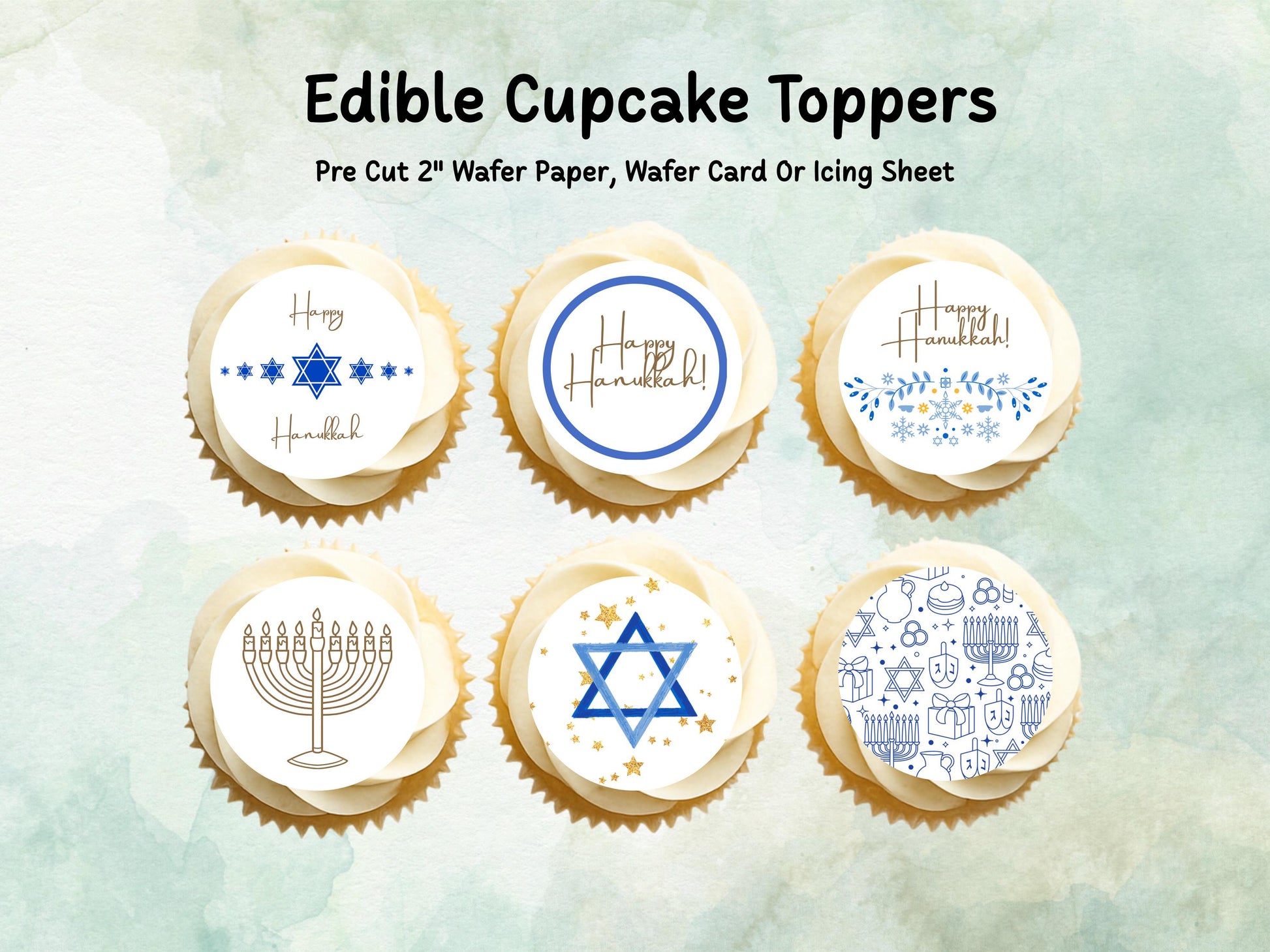 Happy Hanukkah Edible Cupcake Toppers 12 x 2" – Pre cut Wafer Paper, Card or Icing Sheet, Hanukkah Cake Decorations