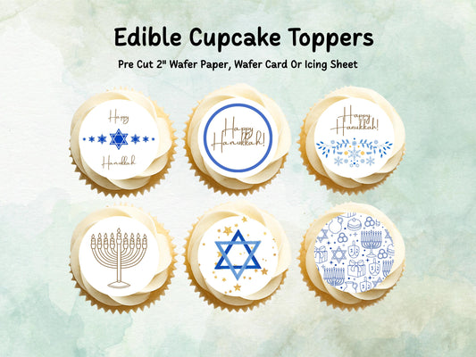 Happy Hanukkah Edible Cupcake Toppers 12 x 2" – Pre cut Wafer Paper, Card or Icing Sheet, Hanukkah Cake Decorations