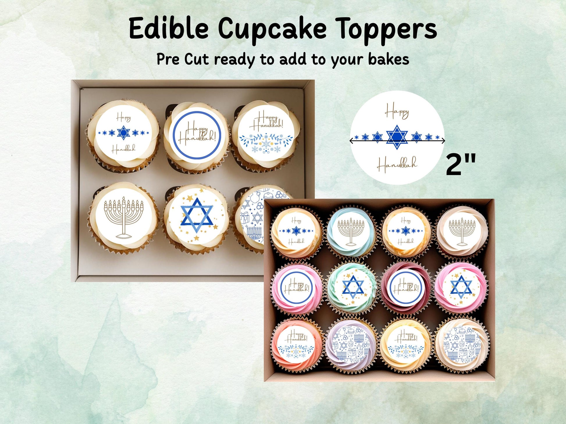 Happy Hanukkah Edible Cupcake Toppers 12 x 2" – Pre cut Wafer Paper, Card or Icing Sheet, Hanukkah Cake Decorations