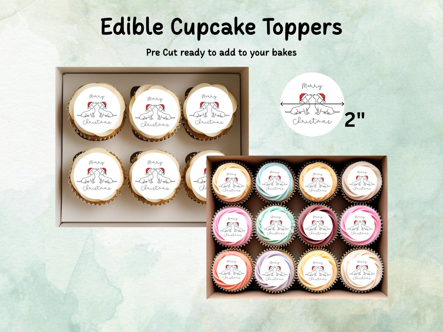 Sausage Dog Merry Christmas Edible Cupcake Toppers 12 x 2" Wafer Paper, Card, or Icing Sheet