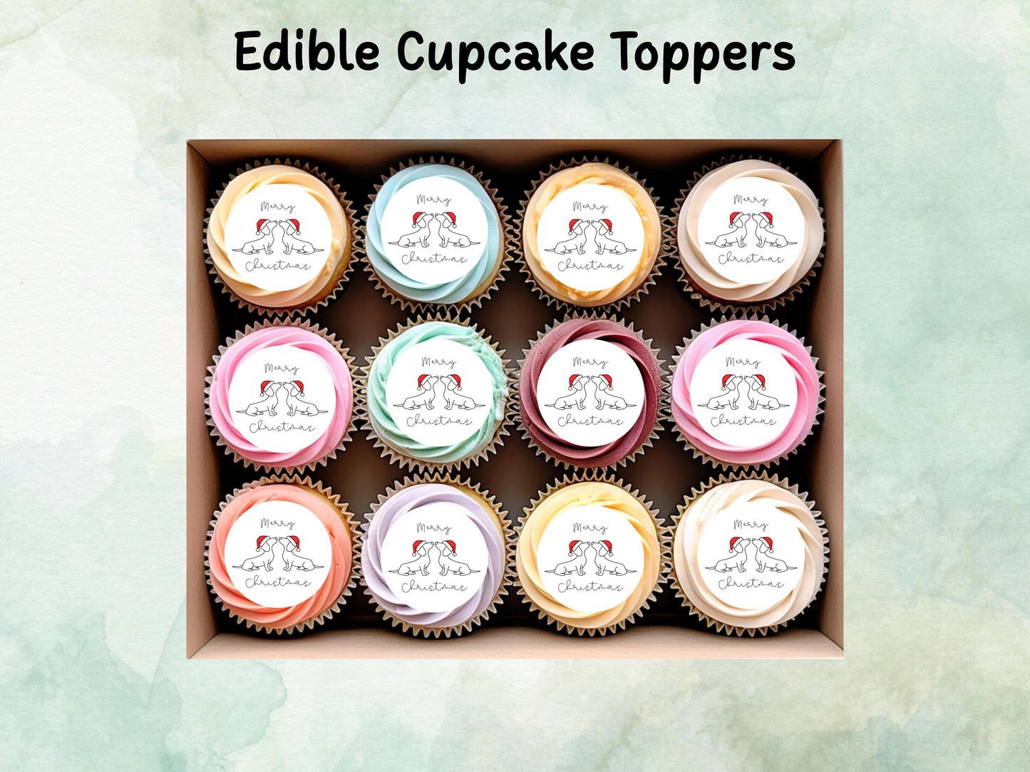 Sausage Dog Merry Christmas Edible Cupcake Toppers 12 x 2" Wafer Paper, Card, or Icing Sheet