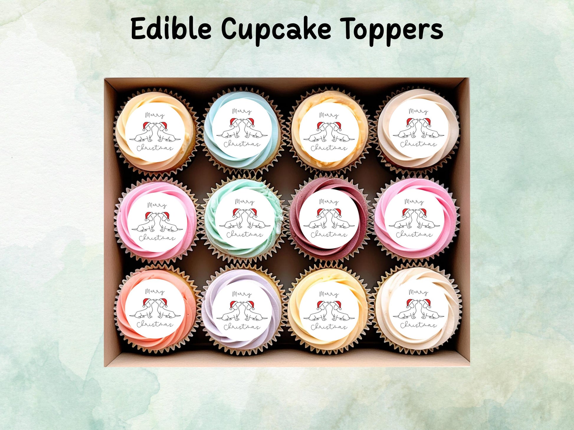 Sausage Dog Merry Christmas Edible Cupcake Toppers 12 x 2" Wafer Paper, Card, or Icing Sheet