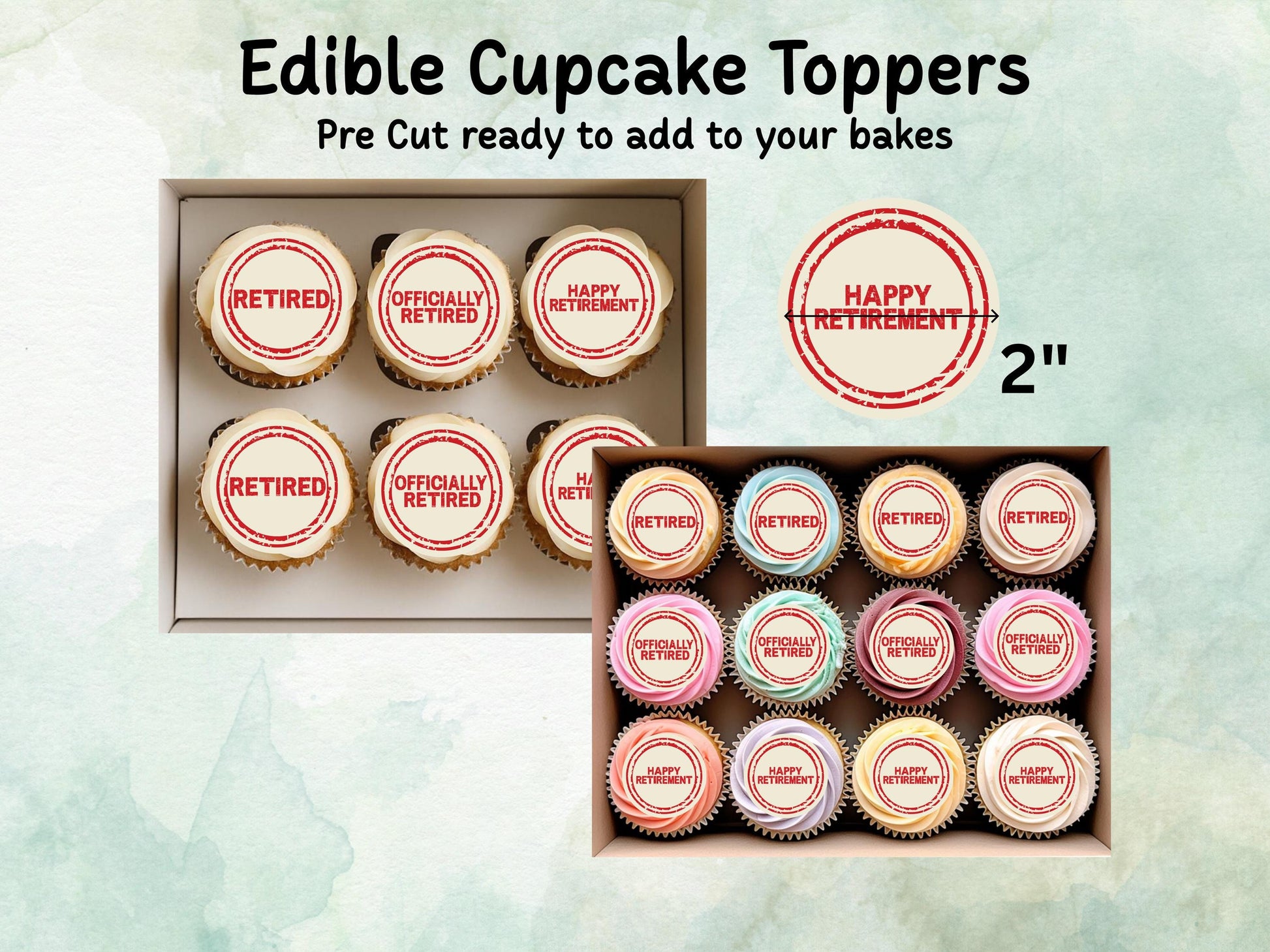Retirement Edible Cupcake Toppers 12 x 2" Precut Wafer Paper, Card or Icing Sheet