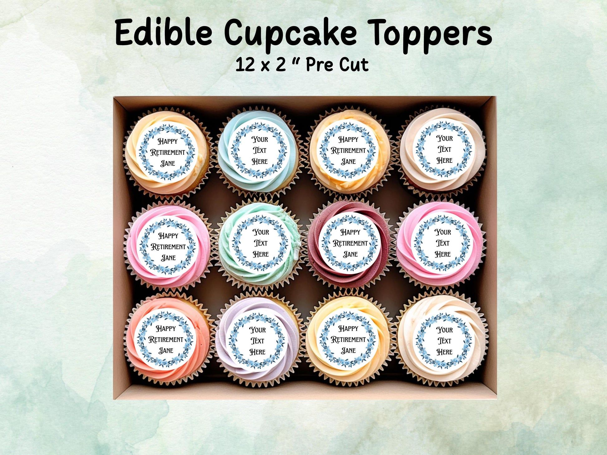 Personalised Retirement Edible Cupcake Toppers 12 x 2" Precut Wafer Paper, Card or Icing Sheet