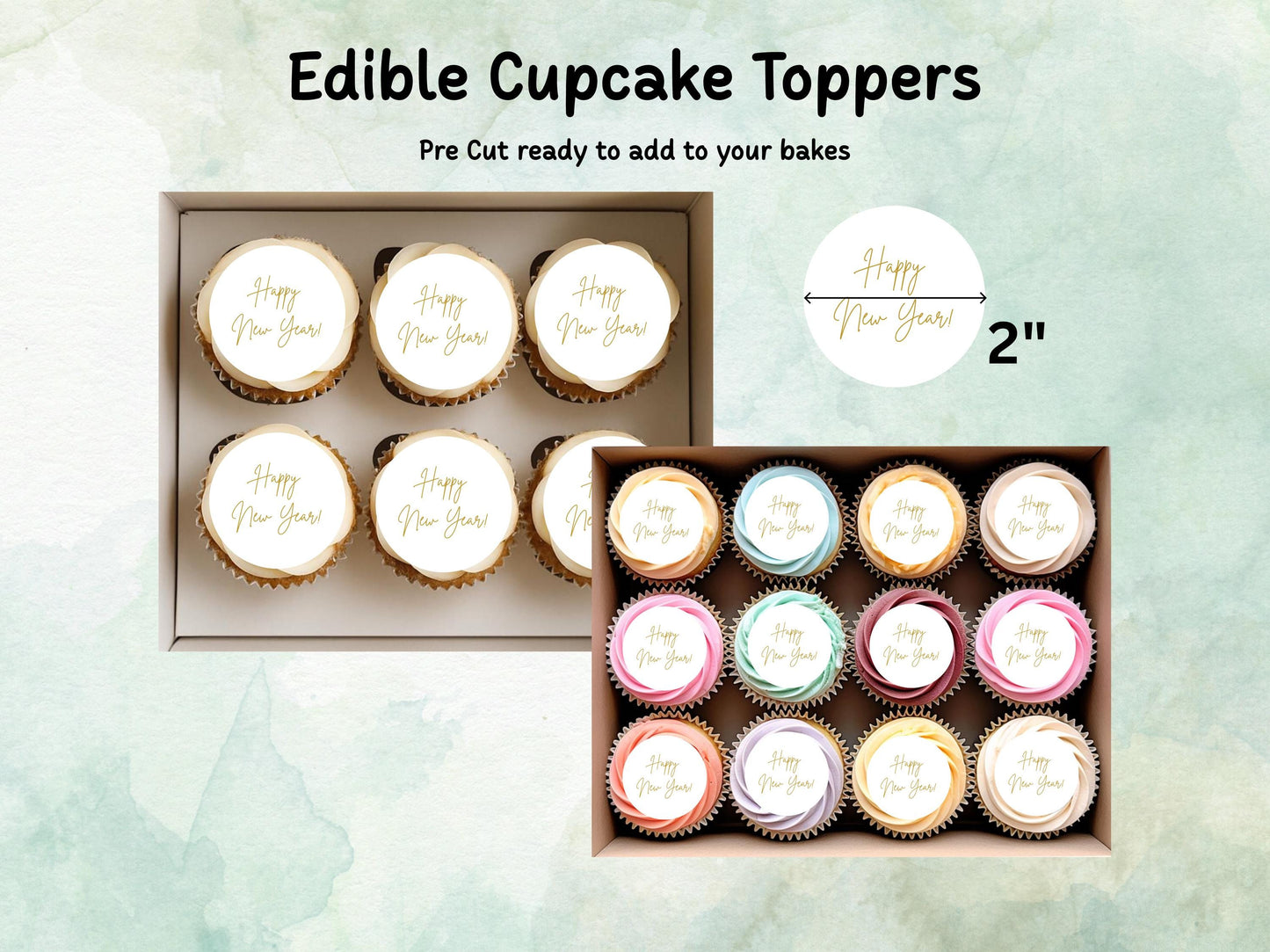 Happy New Year Edible Cupcake Toppers 12 x 2"– Pre cut Wafer Paper, Card or Icing Sheet