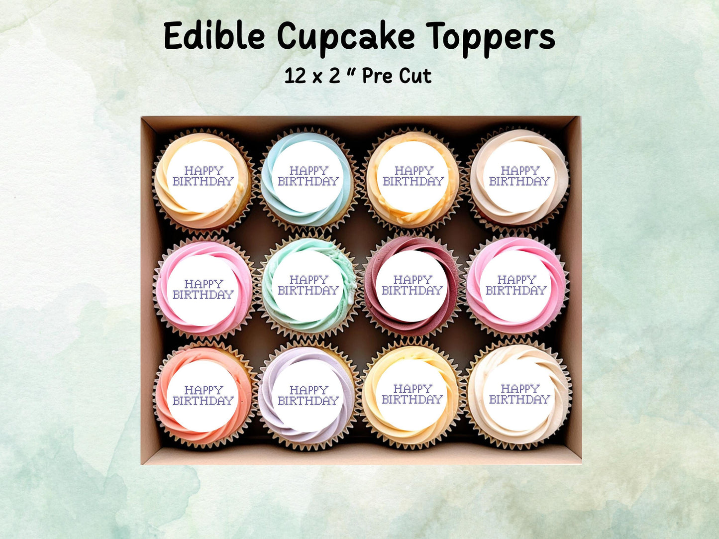 Happy Birthday Cross Stitch Design Edible Cupcake Toppers - 12 x 2"