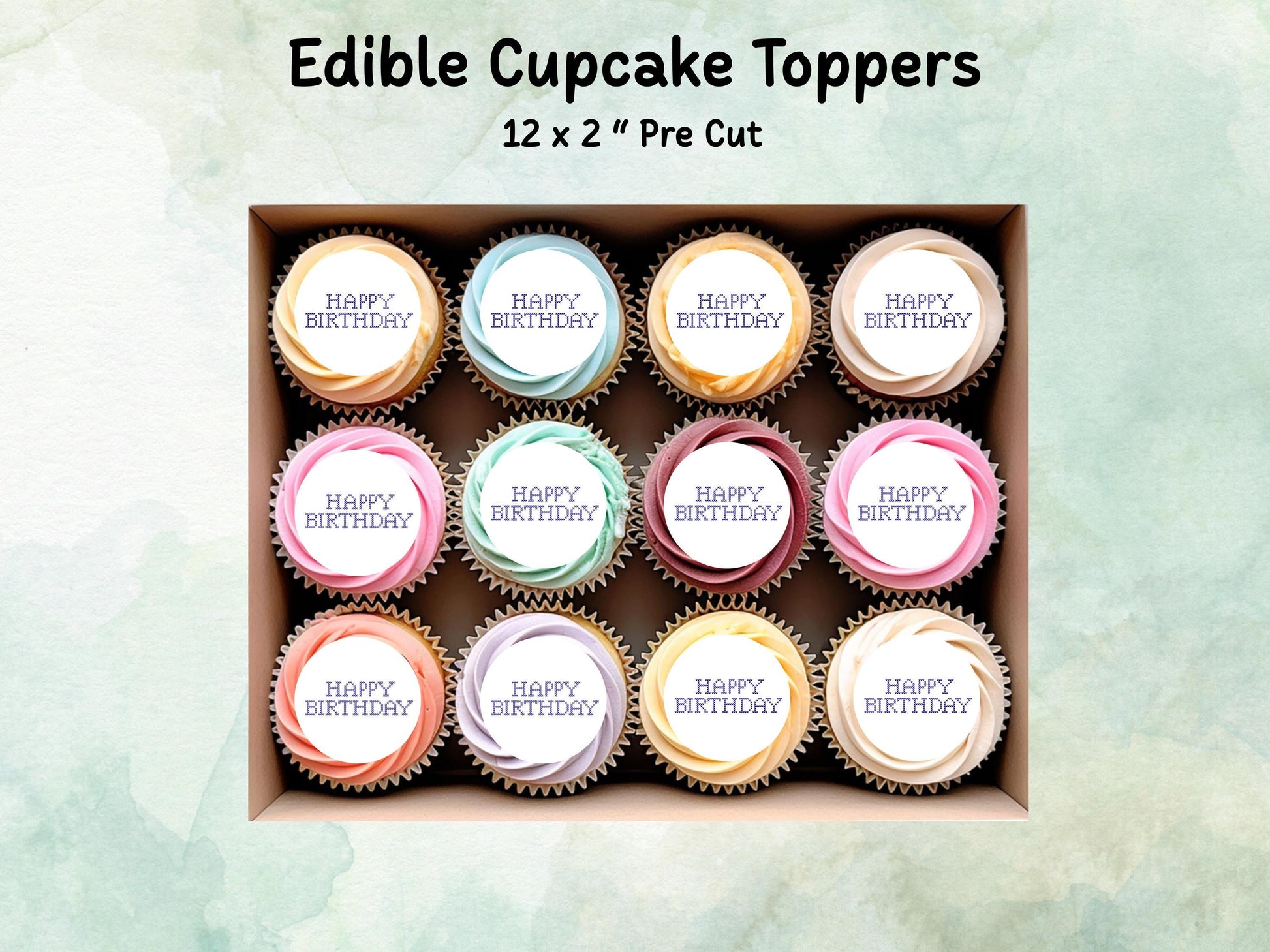 Happy Birthday Cross Stitch Design Edible Cupcake Toppers - 12 x 2"