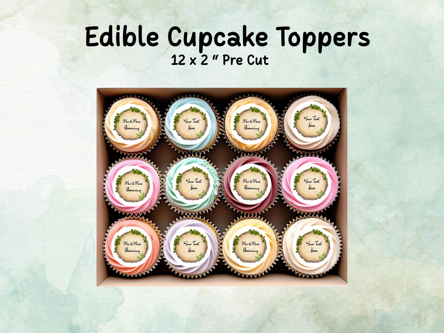 Personalised Wedding Engagement Woodland theme Edible Cupcake Toppers 12 x 2"