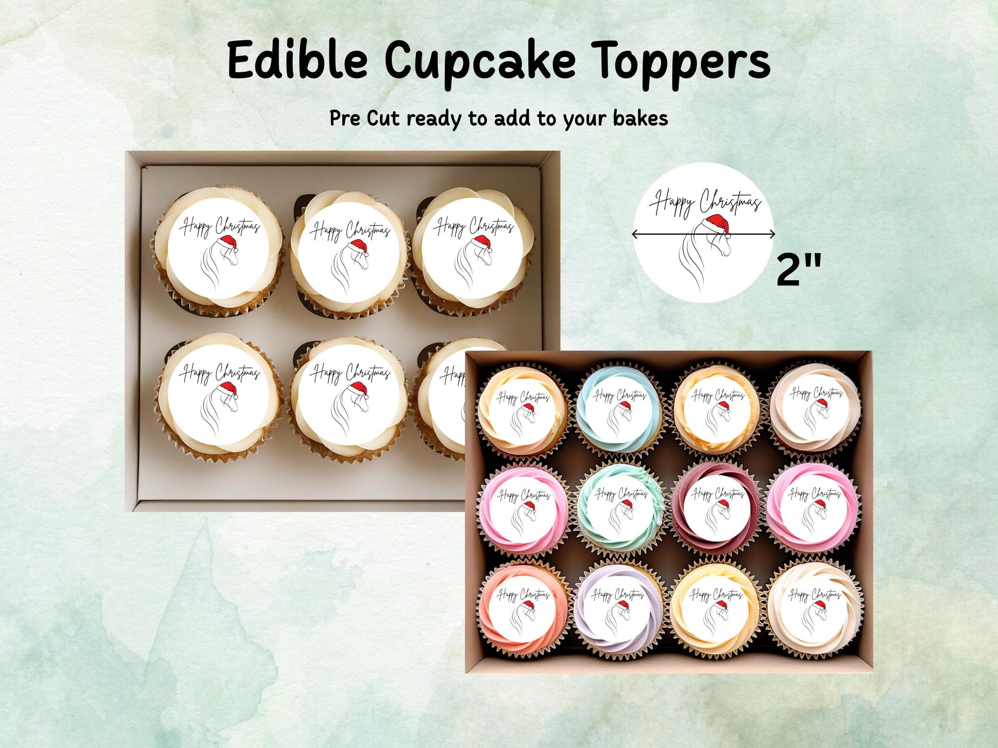 Happy Christmas Horse Design Edible Cupcake Toppers 12 x 2" Wafer Paper, Card, or Icing Sheet