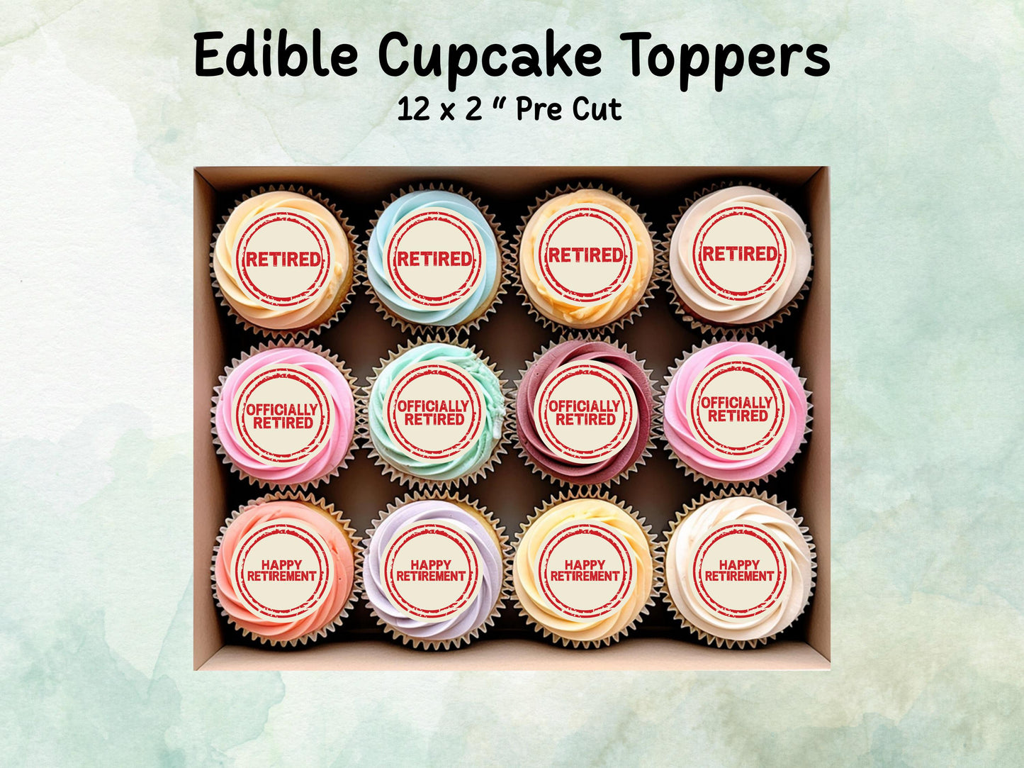Retirement Edible Cupcake Toppers 12 x 2" Precut Wafer Paper, Card or Icing Sheet