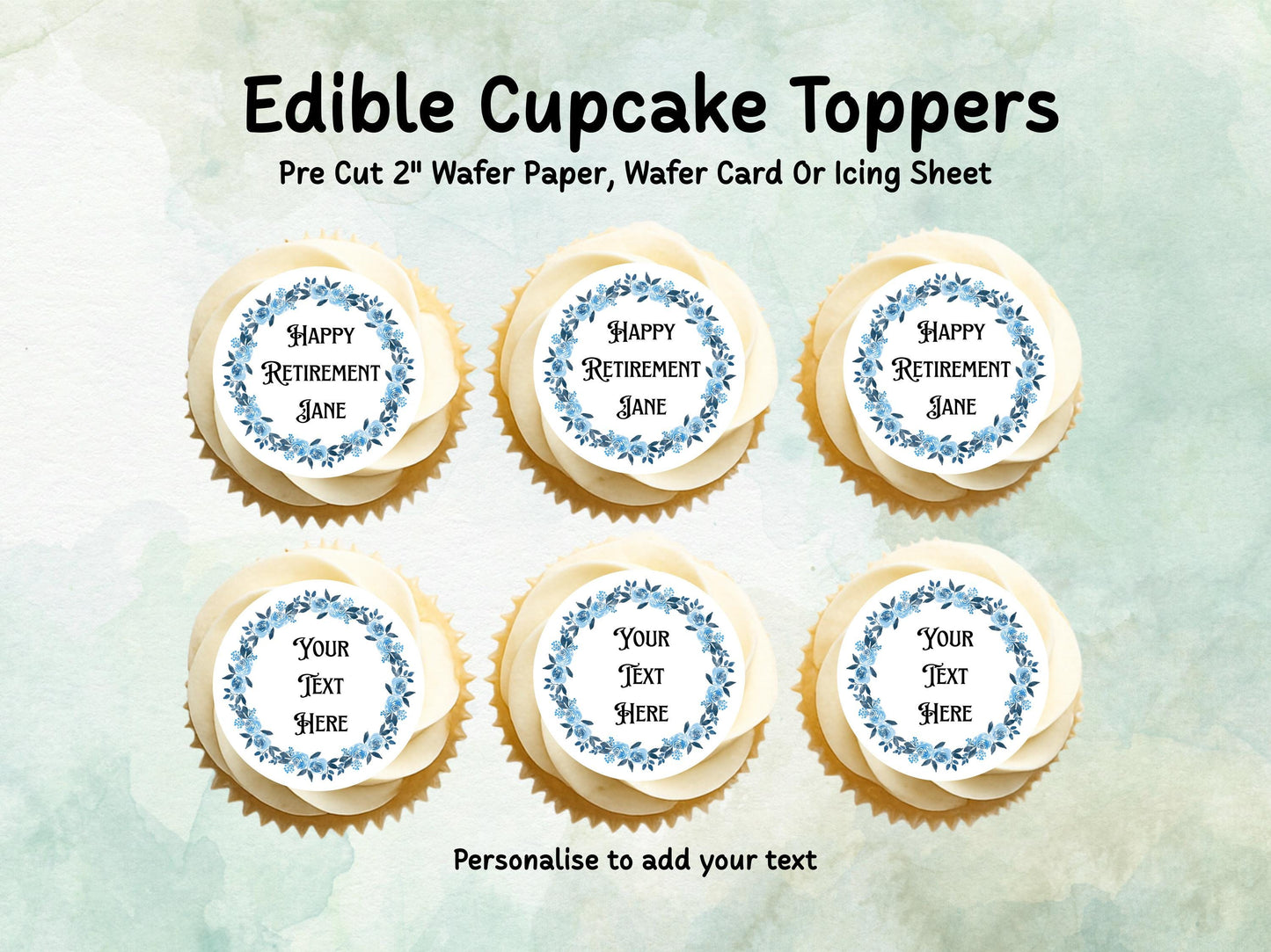 Personalised Retirement Edible Cupcake Toppers 12 x 2" Precut Wafer Paper, Card or Icing Sheet