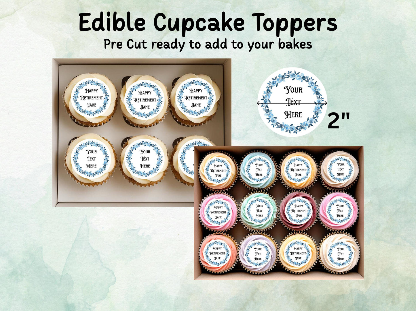 Personalised Retirement Edible Cupcake Toppers 12 x 2" Precut Wafer Paper, Card or Icing Sheet