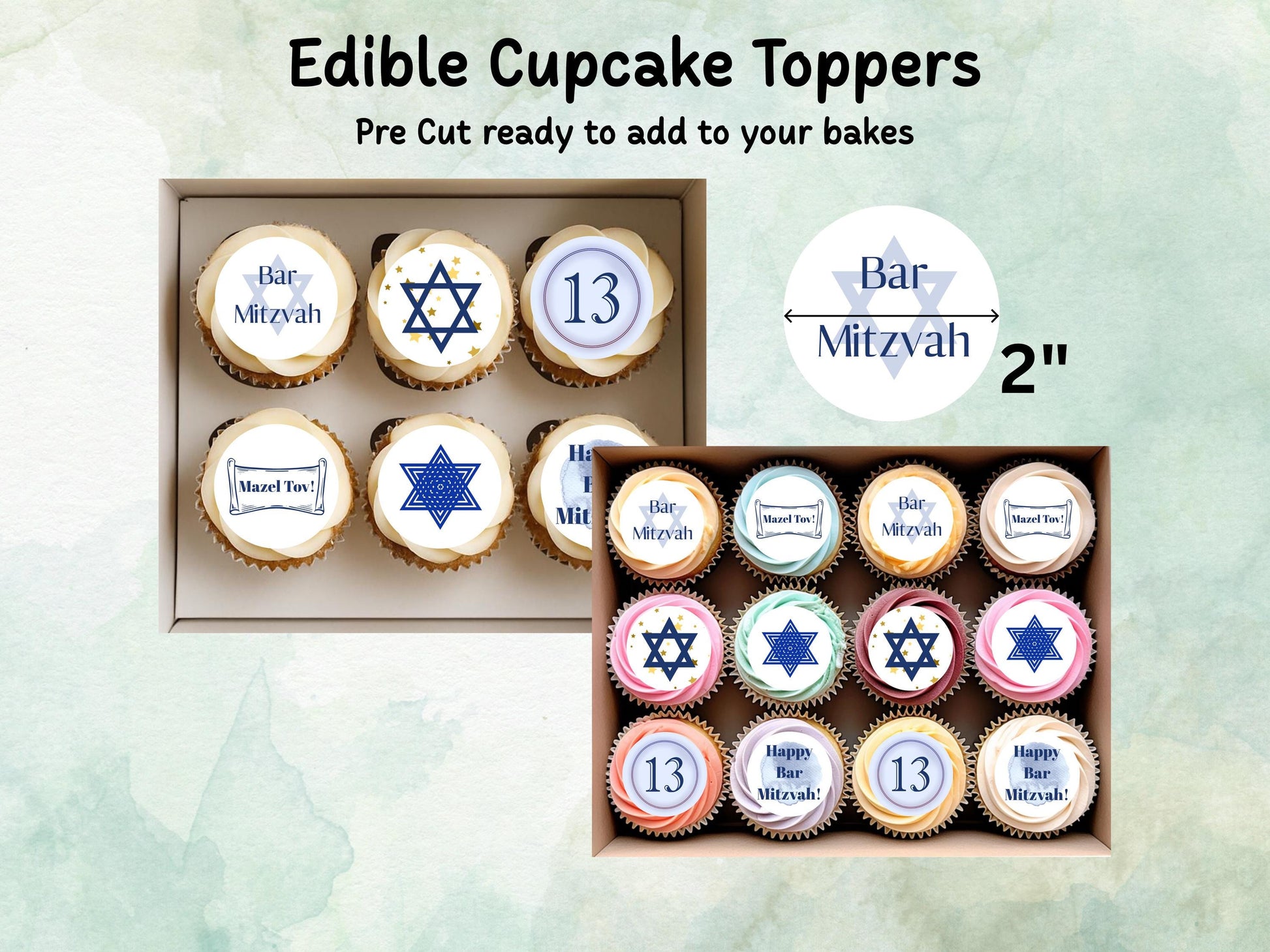 Bar Mitzvah Edible Cupcake Toppers 12 x 2"– Pre cut Wafer Paper, Card or Icing Sheet