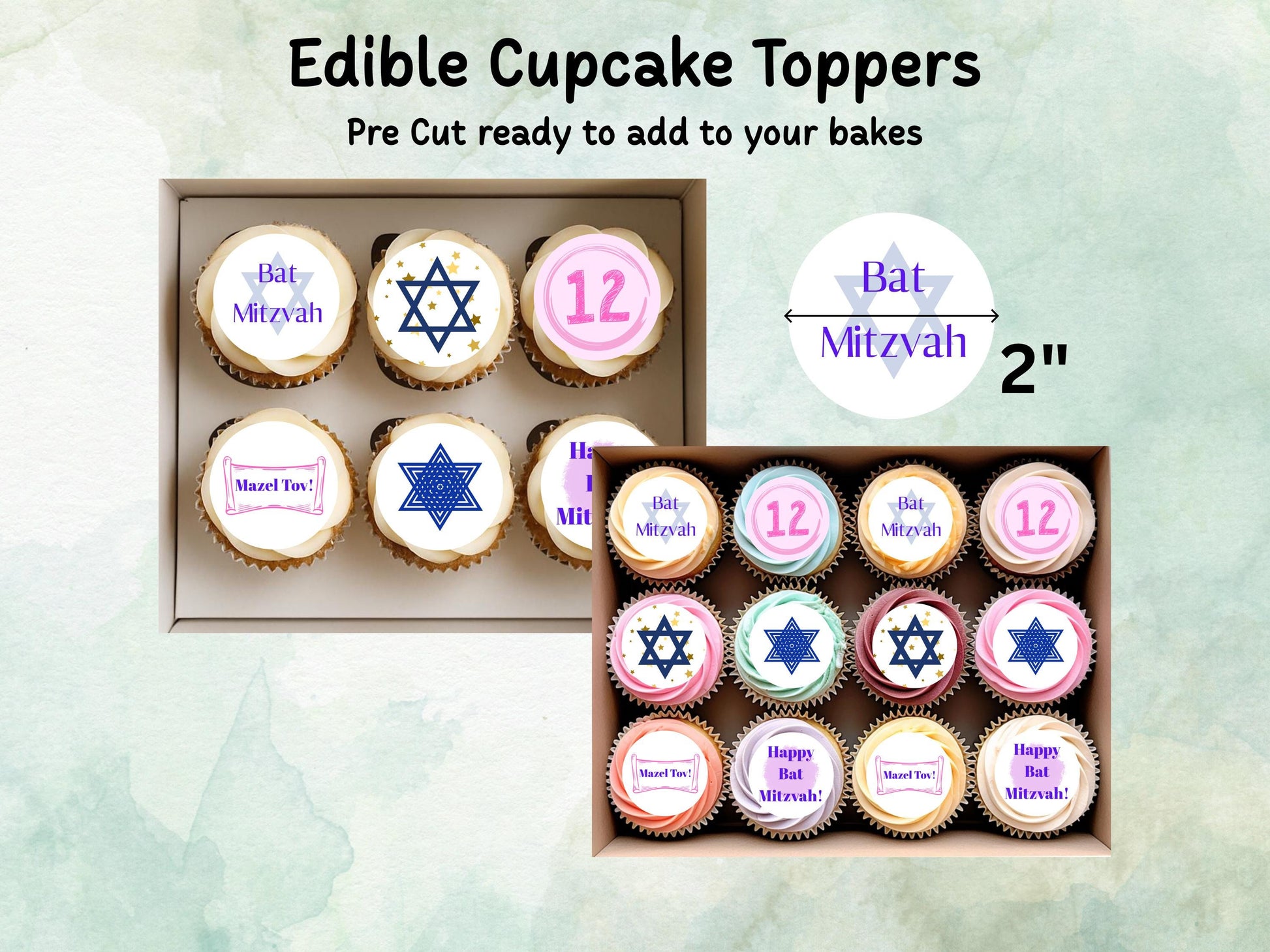 Bat Mitzvah Edible Cupcake Toppers 12 x 2"– Pre cut Wafer Paper, Card or Icing Sheet