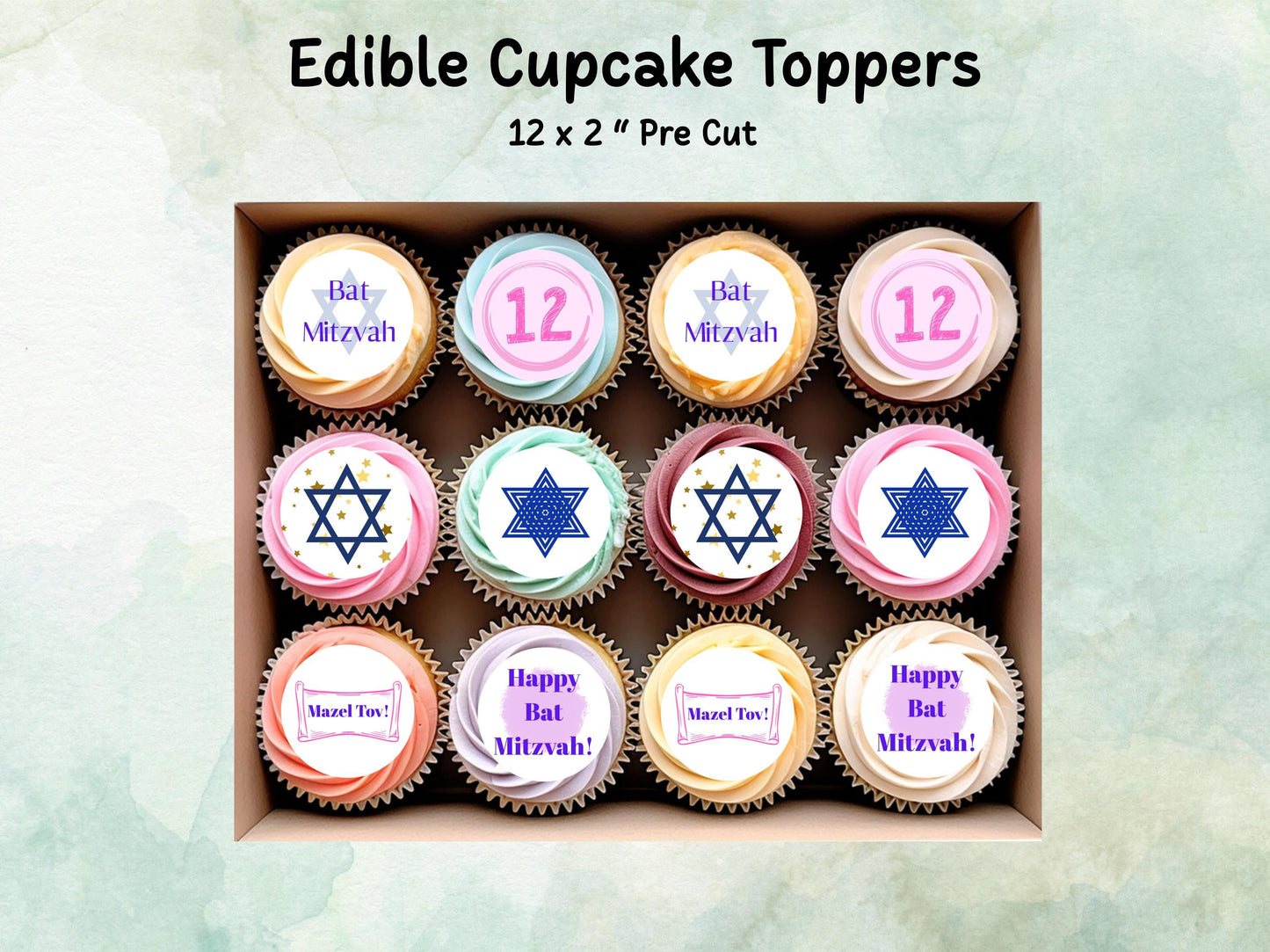 Bat Mitzvah Edible Cupcake Toppers 12 x 2"– Pre cut Wafer Paper, Card or Icing Sheet