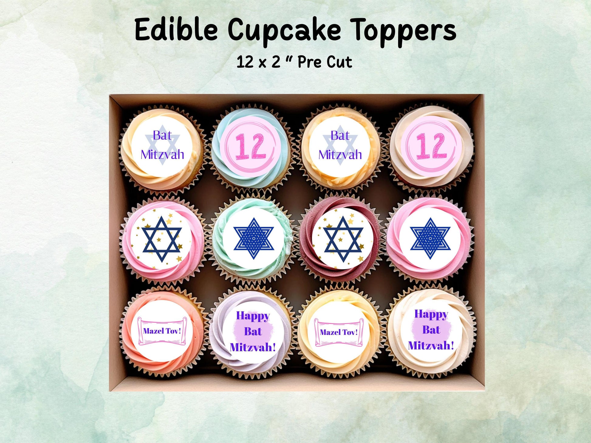 Bat Mitzvah Edible Cupcake Toppers 12 x 2"– Pre cut Wafer Paper, Card or Icing Sheet