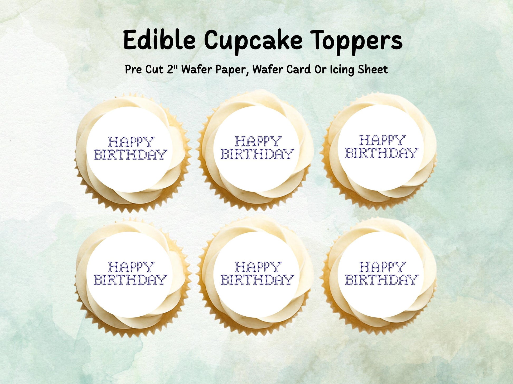 Happy Birthday Cross Stitch Design Edible Cupcake Toppers - 12 x 2"