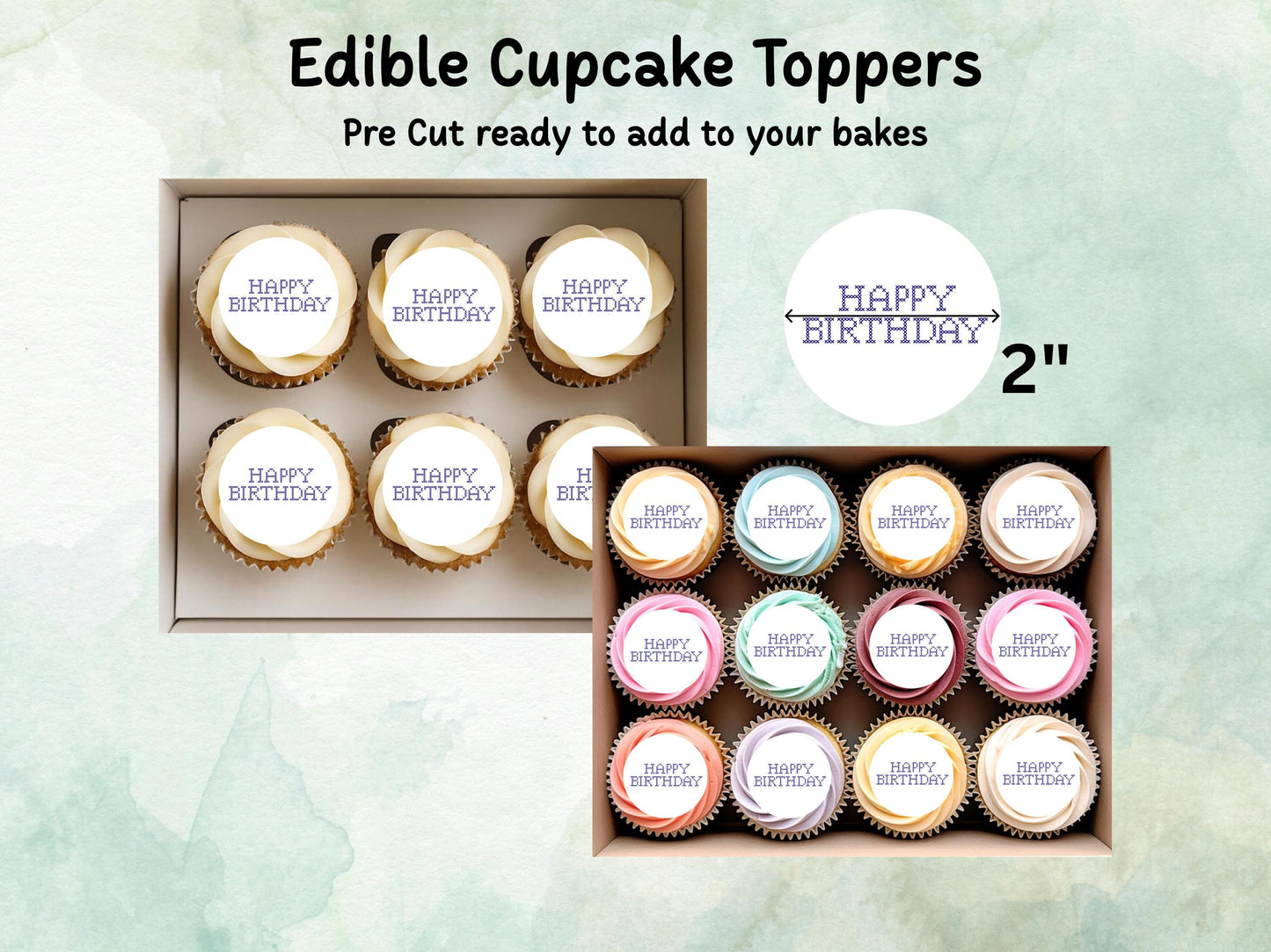 Happy Birthday Cross Stitch Design Edible Cupcake Toppers - 12 x 2"