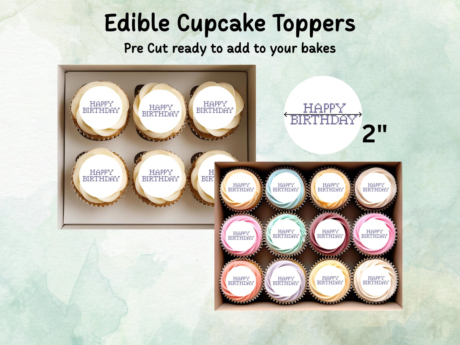 Happy Birthday Cross Stitch Design Edible Cupcake Toppers - 12 x 2"