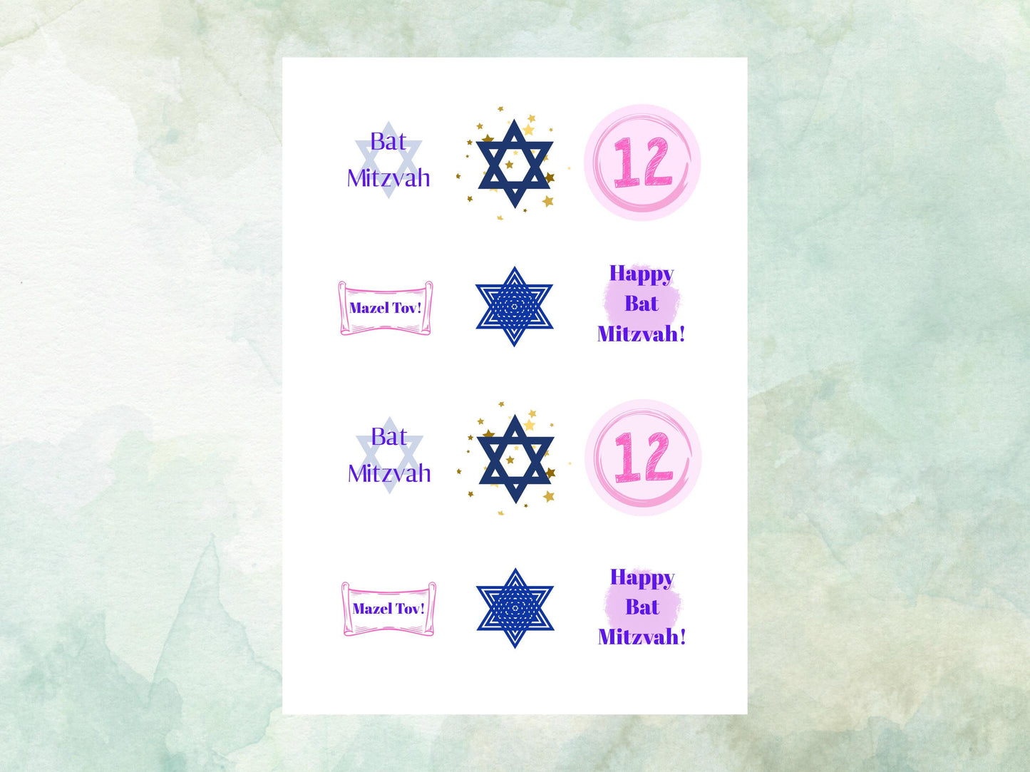 Bat Mitzvah Edible Cupcake Toppers 12 x 2"– Pre cut Wafer Paper, Card or Icing Sheet