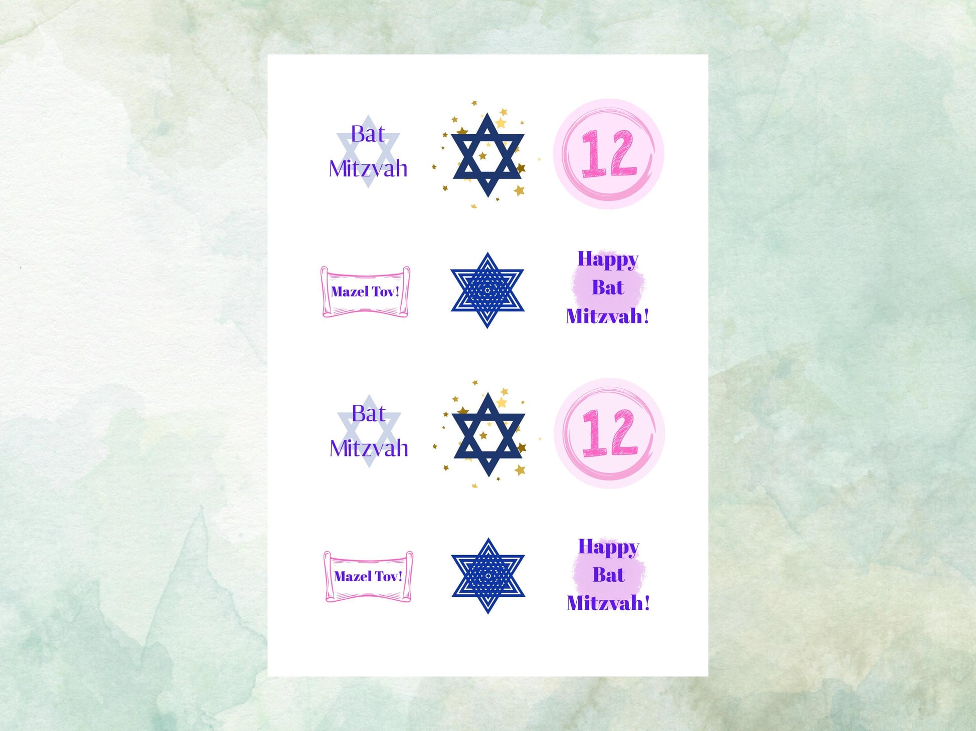 Bat Mitzvah Edible Cupcake Toppers 12 x 2"– Pre cut Wafer Paper, Card or Icing Sheet