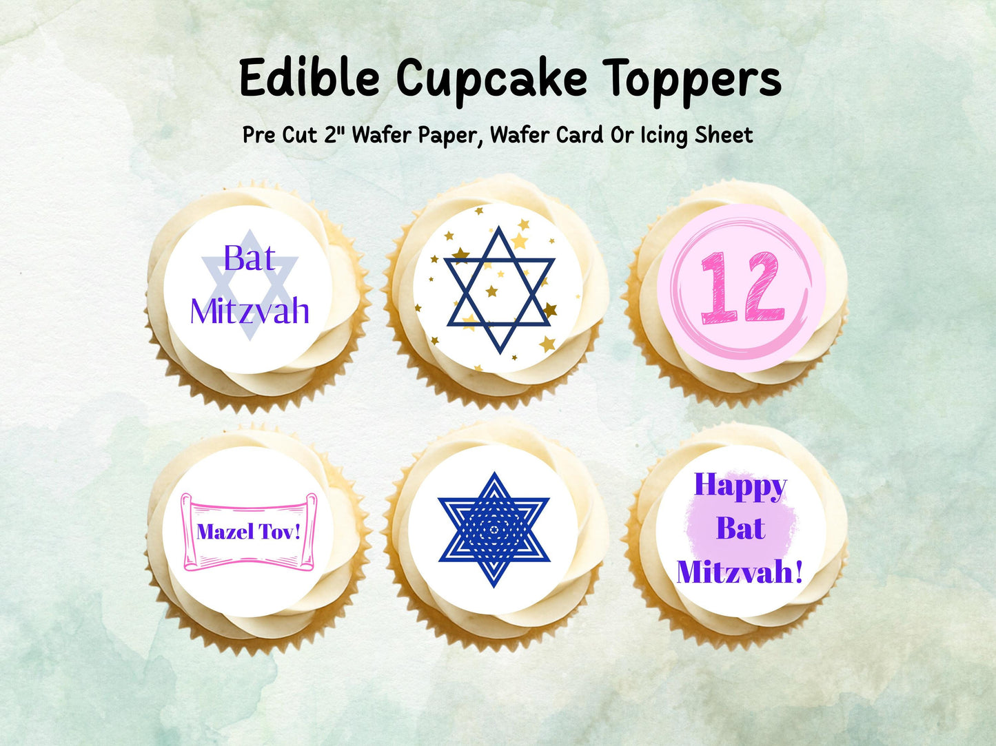 Bat Mitzvah Edible Cupcake Toppers 12 x 2"– Pre cut Wafer Paper, Card or Icing Sheet