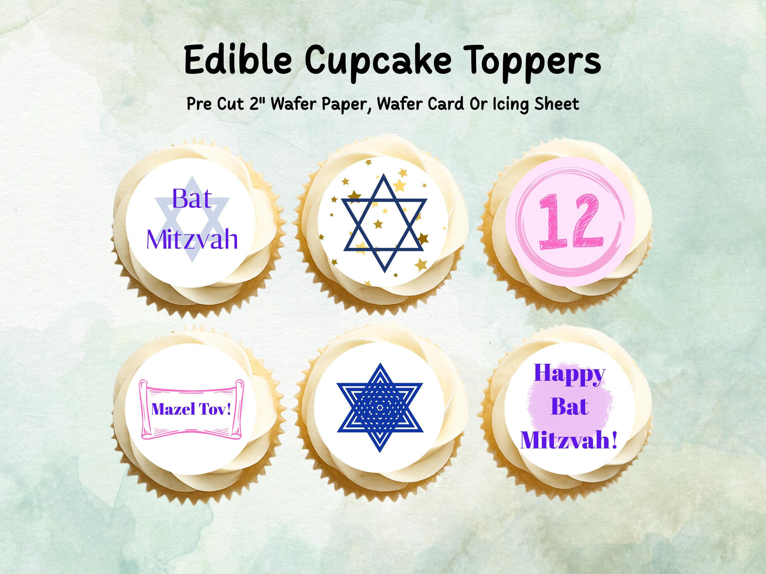 Bat Mitzvah Edible Cupcake Toppers 12 x 2"– Pre cut Wafer Paper, Card or Icing Sheet